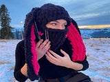 Women Girls 1-Hole Knit Hat Face Mask 3D Funny Bunny Ears Sweater Hat with Scarf Headwear-Winter V1192-AZ-W-10966