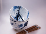 Bowl Set 2pcs with Chopsticks Blue White Splash Design V637-C0315