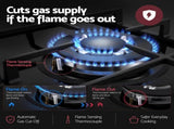 Devanti 59cm Gas Cooktop 3 Burner Knob Control Glass Hob Cast Iron Black CT-GAS-3B-BK