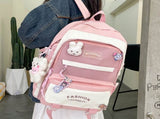 Women's Large Aesthetic Backpack Pink Nylon Daypack with Cute Bear Plushie & Pins For High V888-ELOSUNG41087