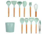 12Pcs/Set Cooking Utensil with Wooden Handle Silicone Cooking Tool for Home KitchenLight Green V1294-YM0710-3118210234512