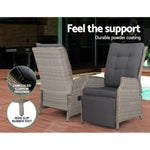 Gardeon 3PC Recliner Chairs Table Sun lounge Outdoor Furniture Wicker Adjustable Grey ODF-RCL-RW-FT-3GE