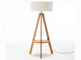 Natural Wooden Tripod Floor Lamp w/ Round Wood Shelf Off White Linen Shade V563-75171