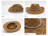White Handmade Straw Cowboy Hat, Summer Sun Hat, Outdoor Sun Protection, Fits Head Size 58-59cm V888-ELOSUNG19216