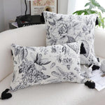 SOGA 35cm Throw Pillow Black and White Floral Print Elegant with Tassel Accents Home Decor FRENCHCUSHION342