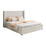 Veronica Bed Frame Queen Size Winged Grey Linen Fabric Seam Grid Pattern with gas lift plywood metal V43-BED-VER-QGR