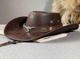 Rustic Western Cowboy Hat - Distressed Faux Leather Look Wide Brim Outback Sun Hat with Bull Head V888-ELOSUNG44329
