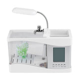 Multifunctional USB Rechargeable Mini Fish Tank Aquarium with Clock Function LED Light White V1294-YM0727-JY05831-01