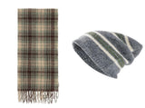 Striped Wool-Blend Beanie & Plaid Fringed Scarf Set Soft Knit Hat and Oversized Shawl V888-ELOSUNG54006