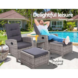 Gardeon 5PC Recliner Chairs Table Sun lounge Wicker Outdoor Furniture Adjustable Grey ODF-RECLINER-CHOTTB-5GE