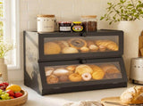 Artiss Bamboo Bread Box 2-Tier Kitchen Countertop Storage 40cm Black BBX-2T-WIN-BK