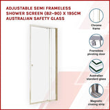 Adjustable Semi Frameless Shower Screen x 195cm Australian Safety Glass V63-828751