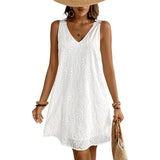 Women's V-neck summer casual beach skirt vacation sleeveless sun skirt white XL size V1366-AZ2-W-14440