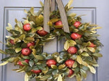 Front Door Round Wooden Fall Wreath with Brown Magnolia Leaves and Small Pomegranate Fruits leaves V1366-AZ2-W-20039