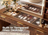 Artiss Dressing Table Vanity Desk LED Lighted Mirror Glass Top 7 Fluted Drawers 120CM Walnut FUR-AG-DRESS02N-WAL-AB