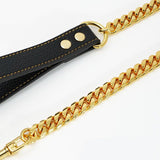 Premium Cuban Link Dog Leash with Genuine Leather Handle Heavy-Duty Stainless Steel Pet Walking V1341-ZY-V4WZ94XP-GOLD-120CM472IN