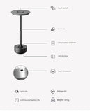 Black Elegant Aluminum Alloy Rechargeable LED Touch Lamp - 3-Color Dimmable Cordless Table Light V888-ELOSUNG27040