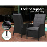 Gardeon 5PC Recliner Chairs Table Sun lounge Wicker Outdoor Furniture Adjustable Black ODF-RCL-RW-CHOTTB-5BK