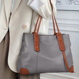 Top-Grain Leather Contrast Tote Large Capacity Commuter Shoulder & Handbag, Fabric Lining. V1232-ZPDJB-002
