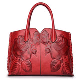 Red Elegant Embossed Rose Leather Handbag - Vintage Style Tote Bag V888-ELOSUNG16075