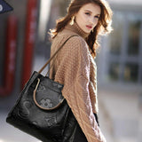Black Elegant Embossed PU Leather Tote Bag for Women - Large Capacity Handbag with Inner Pouch V888-ELOSUNG13988