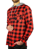 Mens Cotton Flannelette Shirt w Jersey Hood Long Sleeve Flannel - Red/Black - 6XL V563-WS47-190-6XL