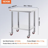 VEVOR Stainless Steel Work Table with Wheels 24 x 30 Prep Table with casters Heavy Duty Work Table V952-SYGZT30X24INDJL01V0