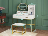 Dressing Table Stool Set in White & Gold with LED Lights and Charging Station V178-59323