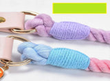 Light pink Hand-Woven Rainbow Cotton Rope Dog Leash and Collar Set - Adjustable Veg-Tanned Leather V888-ELOSUNG18437