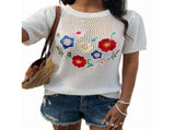 Women Summer Crochet Tops Scoop Neck Short Sleeve Pullover Sweater Hollow Out Knit Tops White XL V1192-AZ-W-20825