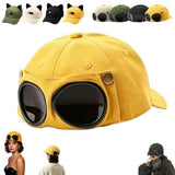 Aviator Style Baseball Cap with Integrated Goggles,Retro Pilot Style Hats Canvas Baseball Cap with V1107-922-93509-BLK