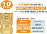 1/4'' Air Hose fittings, 10-Pack Brass 1/4 Inch NTP Female Industrial Coupler, 1/4'' Air Line Quick V1258-DP02-WO-421