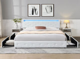 Levede Queen Bed Frame RGB LED PU 4 Drawer USB BF1051-Q-WH