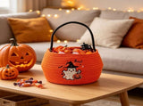 Halloween Candy Storage Basket,Woven Cotton Rope Snack Holder with Ghost Design,Multi-purpose Treat V1369-AZ3-W-14919