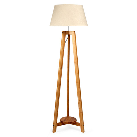 155cm Large Bamboo Wooden Tripod Floor Lamp w Beige Linen Light Shade V563-75131