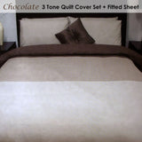 Essentially Home Living Chocolate 3 Tone Quilt Cover Set Fitted Sheet Double V442-INT-QUILTCS-3TONEPACK-CHOCOLATE-DS