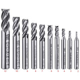 10 pcs 4 Flute End Mill Bit Set - 2-12Mm Hss Straight Shank Drill Bit Set Cnc Drill Bits Tool Set V1188-MS-227-2546