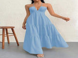 Blue L Size Women's Elegant Halter Maxi Dress Summer Backless V-Neck Sleeveless Long Beach Resort V888-ELOSUNG41132
