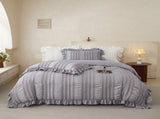 Grey Elegant Ruffle Seersucker Duvet Cover with 2PCS Pillow Shams - 3-Piece Vertical Stripe Clipped V888-ELOSUNG49368