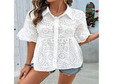 Women Embroidery Eyelet Crop Top Short Sleeve Button Down Blouse White M V1369-AZ3-W-11511