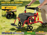 2-in-1 Foldable Aluminium Rollator Walker with Seat, Adjustable Handles, 8" All-Terrain Wheels, V1181-HP002-RD