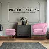 Armchair Lounge Chair Accent Velvet Shell Scallop Round Ottoman Footstool PINK V274-FT-VAC-ST-1596-PK