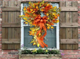 Fall Wreath for Front Door, Autumn Maple Leaf Swag Wreath with Orange Bow, Artificial Harvest V1366-AZ2-W-24849