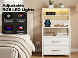 Artiss Bedside Table Tall Nightstand with Charging Station Drawers LED White FUR-V-BS01-LED-WH