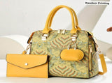 Ladies Hand-Held Bags 2-Piece Set Embroidered Print Retro Stylish Bag With - Yellow - Size 24-13-24 V1347-127-05212-YEL-24-13-24