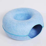 Sky blue Felt Donut Cat Bed with Zipper Tunnel Toy, Double-Layer Pet Cave for Cats, M Size V888-ELOSUNG48639