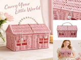 House Shaped Plastic Rattan Wicker Storage Basket with Lid & Pearl Handle, Decorative Woven V1369-AZ3-W-24174