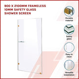 900 x 2100mm Frameless 10mm Safety Glass Shower Screen V63-829631