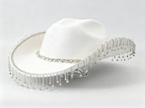 Western Cowboy Hat with Rhinestone Tassel Fringe - White Felt-Style Party Hat with Decorative Chain V888-ELOSUNG57118-1