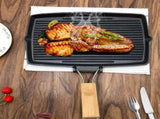 SOGA 2X 20.5cm Rectangular Cast Iron Griddle Grill Frying Pan with Folding Wooden Handle ZPAI061X2